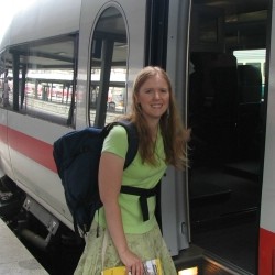 conductor Carmen Lachnitt boards a train in Europe